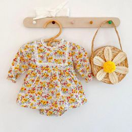 Autumn Baby Girl Long Sleeve Bodysuit Yellow Floral Baby Jumpsuit With Headband Newborn Baby Girl Clothes 210413