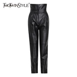 TWOTWINSTYLE High Waist PU Leather Pants For Women Black Solid Minimalist Harem Pant Female Fashion Clothing Autumn 210517