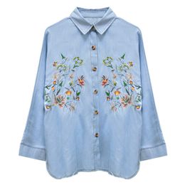 Jean Denim Blue Floral Embroidery Turn Down Collar Button Shirt Long Sleeve Casual Women B0164 210514