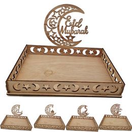 Eid Mubarak Wooden Food Tray Ornament Islamic Muslim Party Decoration for Home Ramadan Kareem Eid Al Fitr Supplies