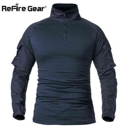 ReFire Gear Army Combat T shirt Men Long Sleeve Tactical T-Shirt Solid Cotton Military Shirt Man Navy Blue Hunt Airsoft T Shirts G1229