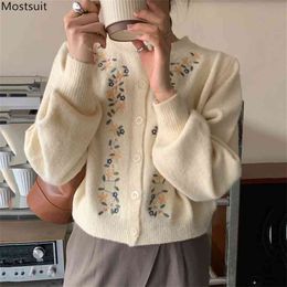 Spring Autumn Women Cardigan Vintage Embroidery Knit Coat Korean Long Sleeve Single-breasted Sweater Black Beige 210513