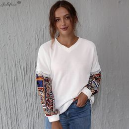 Women Tops Autumn Casual Patchwork T-shirt Female Korean Long Sleeve V-neck Tee Shirts New Fashion Women's Clothing fall 210415