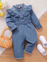 Baby Floral Embroidery Ruffle Trim Flounce Sleeve Denim Jumpsuit SHE