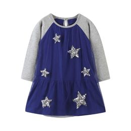 Jumping Metres Spring Autumn Girls Dress with Stars Beading Cotton Baby Clothing Fashion Mesh Kids Girl 210529