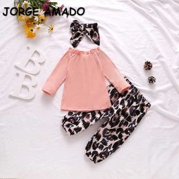 Wholesale Spring Baby Girls Sets Stripe Long Sleeve Top + Leopard Pants Headdress 3pcs Outfits E10850 210610
