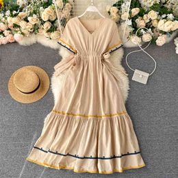 Summer Women V-neck Ethnic Style Design High Waist Fashion Long Dress Embroidery Drawstring At A-line 210430