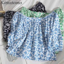 Kimutomo Elegant Floral Printed Blouse Women Short Puff Sleeve Square Collar Shirt Summer Clothes Korean Fashion Top 210521