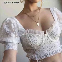 Vintage Hollow Out Embroidery Crop Top Women Sexy Wood Ears Ruffle Tank Tops Summer Cool Girls Streetwear Slim Fit Tees 210429