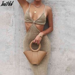 Vacation Knitted Maxi Dresses for Women Summer Elegant Sexy Party Cut Out Backless Bodycon Dress 210514