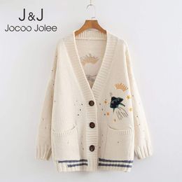 Jocoo Jolee Women Embroidery Cardigans Casual Cartoon Print Poncho Long Sleeve Button Knitted Sweater Harajuku Outwear 210518