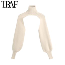 TRAF Women Fashion Arm Warmers Cropped Knitted Sweater Vintage High Neck Long Sleeve Female Pullovers Chic Tops 210805