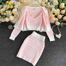 Autumn 3 pcs Set Sweaters for Women Fashion Lady Korean Cardigans + Vest Mini Skirt Knitted Suit 210506