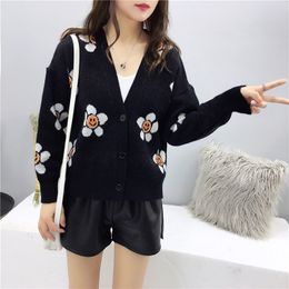 Women's Long Sleeve Cardigans Flower Embroidery Loose V-neck Single-breasted Sweaters Autumn Winter Woman Sweater Tops PL103 210506