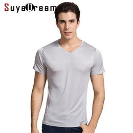 SuyaDream Men basic T shirt Natural Silk V neck Solid Short Sleeve Shirts White Black Grey Spring Summer Top 210409