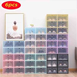 6 Pcs Transparent Box Storage Folding Thick Dustproof Shoe Stacking Combination Plastic Stackable 210922