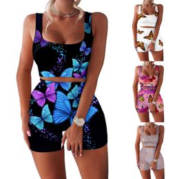 Sexy Print Tracksuit Woman Two Piece Boho Outfit Suits Halter Bandage Tanks And Ruched Drawstring Midi Skirts Matching Sets Women's Swimwear