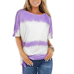 Summer Casual Women T Shirt Loose Gradient Tie Dye Short Sleeve O Neck Streetwear Oversized Tops Ladies Plus Size Tee Shirts 210608