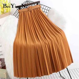 Beiyingni High Waist Skirts Womens Belt Fashion Metallic Party Midi Pleated Long Skirt Black Pink Casual Korean Falda Mujer Saia 210619