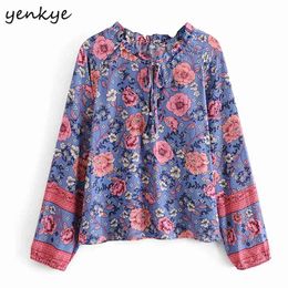 Women Multicolor Print Floral Blouse Shirt Femme Lace Up V Neck Long Sleeve Summer Boho Tops Plus Size Blusas 210514