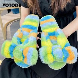 Winter Women Furry Home Slippers Rainbow Bow Flip Flops Lady Slides Warm Indoor Open Toe Slippers Anti-Slip Casual Female Shoes H1115