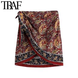 Women Chic Fashion Paisley Print Wrap-style Mini Skirt Vintage High Waist Side Bow Tied Female Skirts Mujer 210507