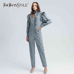 Patchwork Ruffle Casual Jumpsuit For Women Stand Collar Long Sleeve High Waist Solid Jumpsuits Female Autumn 210521