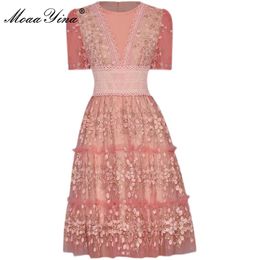 Designer Summer Party A-Line Short Dress Women's Sleeve High End Flower Embroidery Mesh Pink Mini 210524