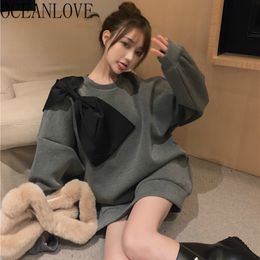 Bow Hoodie Spring Autumn Grey Kawaii Hoodies Women Korean Vintage Loose Sweatshirts Fashion Tops 19409 210415
