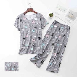 Cartoon Pajamas Set Female Sexy Short Sleeve T-shirt Long Pants Fashion Home Cotton Mom Big Size Sleepwear 210622