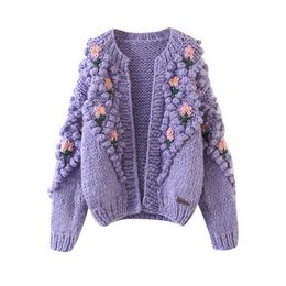 High Quality Heavy Handmade Crochet Knitted Cardigan Purple O Neck Puff Sleeve Sweater Jacket Embroidery Jacquard Jumpers Korea 210610