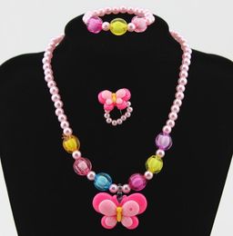 Kids Girls Jewelry Beaded Necklace Bracelet Ring Set Cartoon Duck Butterfly Pearls Animal Pendant Colorful Accessories Pink Rose