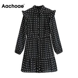 Casual Polka Dot Ruffles Lantern Long Sleeve Lady Shirt Dresses Lapel Collar Fashion A Line Dress Femme Robe S-L 210413