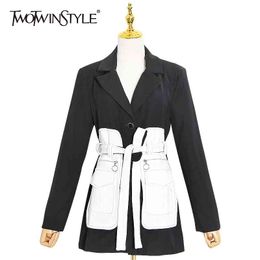 Hit Colour Patchwork Pocket Blazer For Women Lapel Long Sleeve High Waist With Sashes Casual Blazers Female 210524