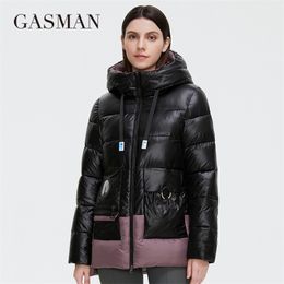 GASMAN Women's Winter Jackets Short Stand-up collar Hooded Down Jacket Female Fashion Stitching Colour Pocket Parkas 81058 211013