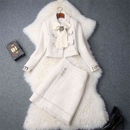 Autumn Winter Fashion Women Runway Dress Set Bowknot Short Tweed Woolen Jacket with Skirt Suit Lady Party Office 2 Piece Outfit 211119