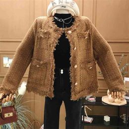 Retro Tweed Jacket Coat Women's Autumn Korean Style Fashion Slim Top Pockets Vintage Single Breasted Woolen Outwear 210514