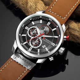 Men Watches CURREN Top Luxury Brand Mens Chronograph Military Sport Watch Male Waterproof Leather Army Quartz Analogue Clock 8291 210517