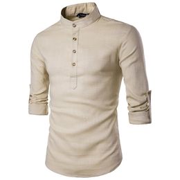 Euro Size Mens Linen Shirts Long Sleeve Button Down Solid Loose Spring Autumn Dress Henley Fashion Male Clothes 210721