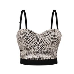 White Pearl Beading Spaghetti Strap Bra Crop Top Sexy Bralette Rave Rock Brassiere Push Up Bras For Women Nightclub Party Wear X0726