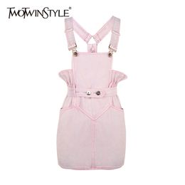 Sweet Pink Denim Dress For Women Square Collar Sleeveless High Waist Casual Slim Mini Dresses Female Clothing 210520