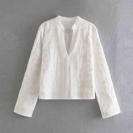 Elegant Creamy Embroidery Women Shirt 100% Cotton Long Sleeve Button Up Fashion Blouse Retro Chic Female Tops 210521