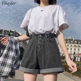 FTLZZ Summer Women High Waist Button Wigh Leg Jeans Shorts Casual Female Loose Fit Blue Denim 210714