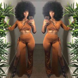Spring Women Suit Solid Two 2 Piece Set Fashion Tracksuits crop Top T Shirt Long Sleeve and Split Wide Leg Trousers 210517