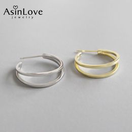 AsinLove 100% 925 Sterling Silver Double Layers Line Circle Earrings For Women Big Loop Hoop Earring Ladies Trendy Fine Jewellery & Huggie