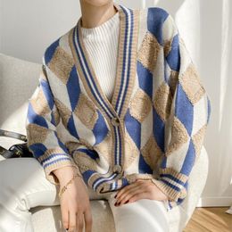 Autumn Winter V-neck Single-breasted Knitted Sweater Coat Vintage OL Oversized Thick Knit Cardigan Tops Sweaters 210421