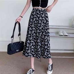 Women BLACK Florals Bohemia Holiday Chic Summer Streetwear All Match Vacation LONG Skirts 210529