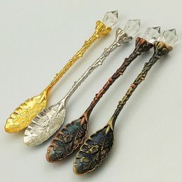 Retro Carved Coffee Stirring Spoon Crystal Head Leaf Flower Metal Handle Tea Ice Cream Sugar Cake Dessert Dinnerware Scoop 11cm