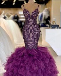 Purple Mermaid Long Evening Dresses Lace Appliques Layered Ruffles Tiered Tulle Spaghetti Straps Floor Length Formal Party Dress Pageant Gowns