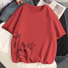 100% Cotton Summer Oversized T-shirt Harajuku y2k Cute Cat Cartoon Anime Loose Ulzzang Short Sleeved T-Shirt Women Clothing Tops Y0629